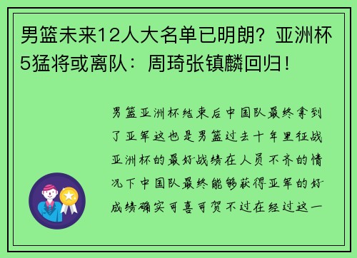 男篮未来12人大名单已明朗？亚洲杯5猛将或离队：周琦张镇麟回归！